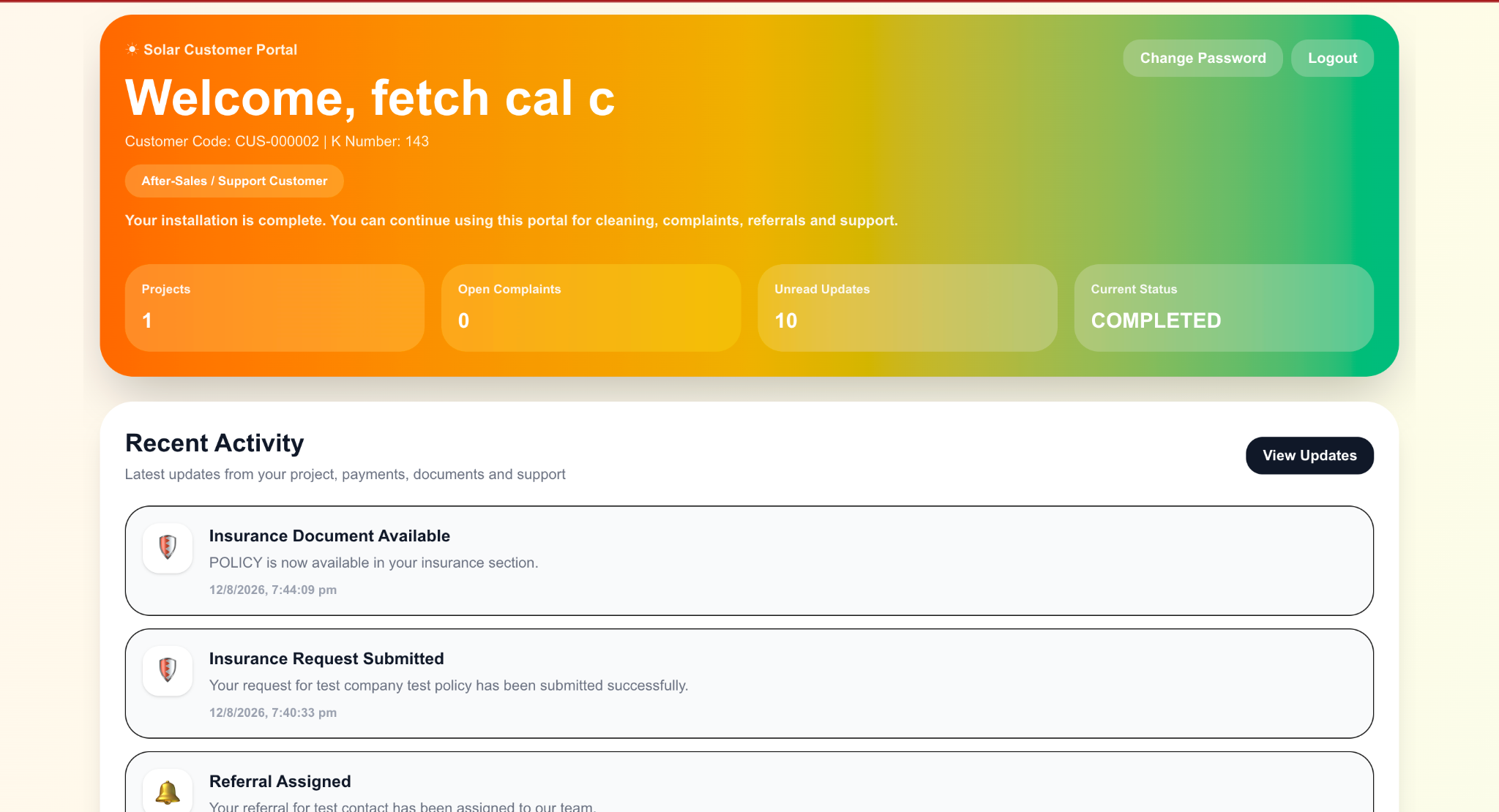 Customer portal dashboard developed by S4Start Technologies